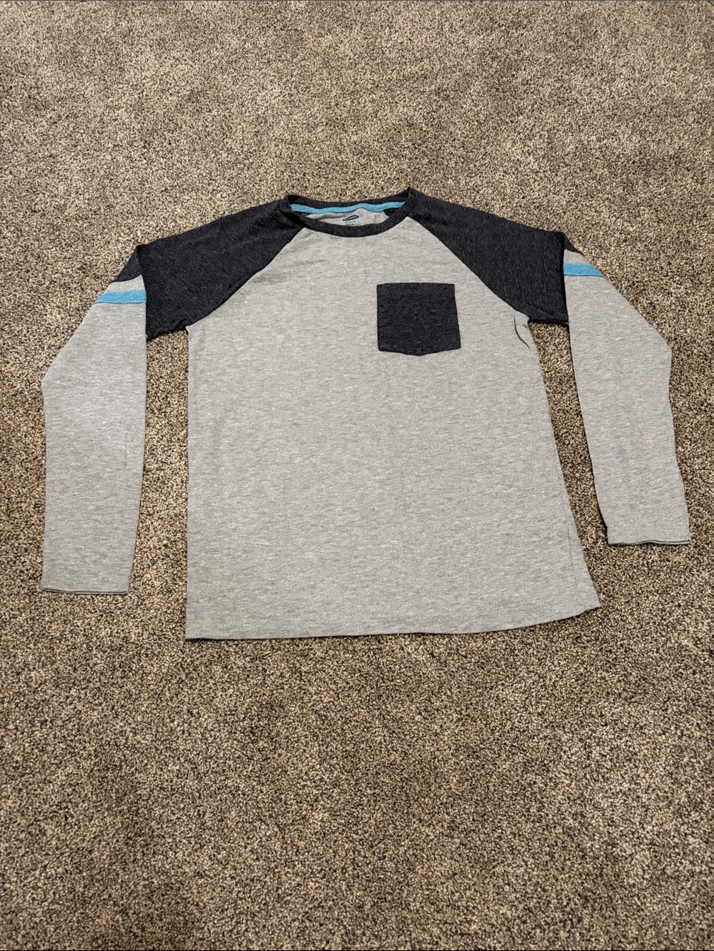 Old Navy Boys' Long Sleeve Raglan Tee Heather Gray w/Navy & Aqua Accents XL 14